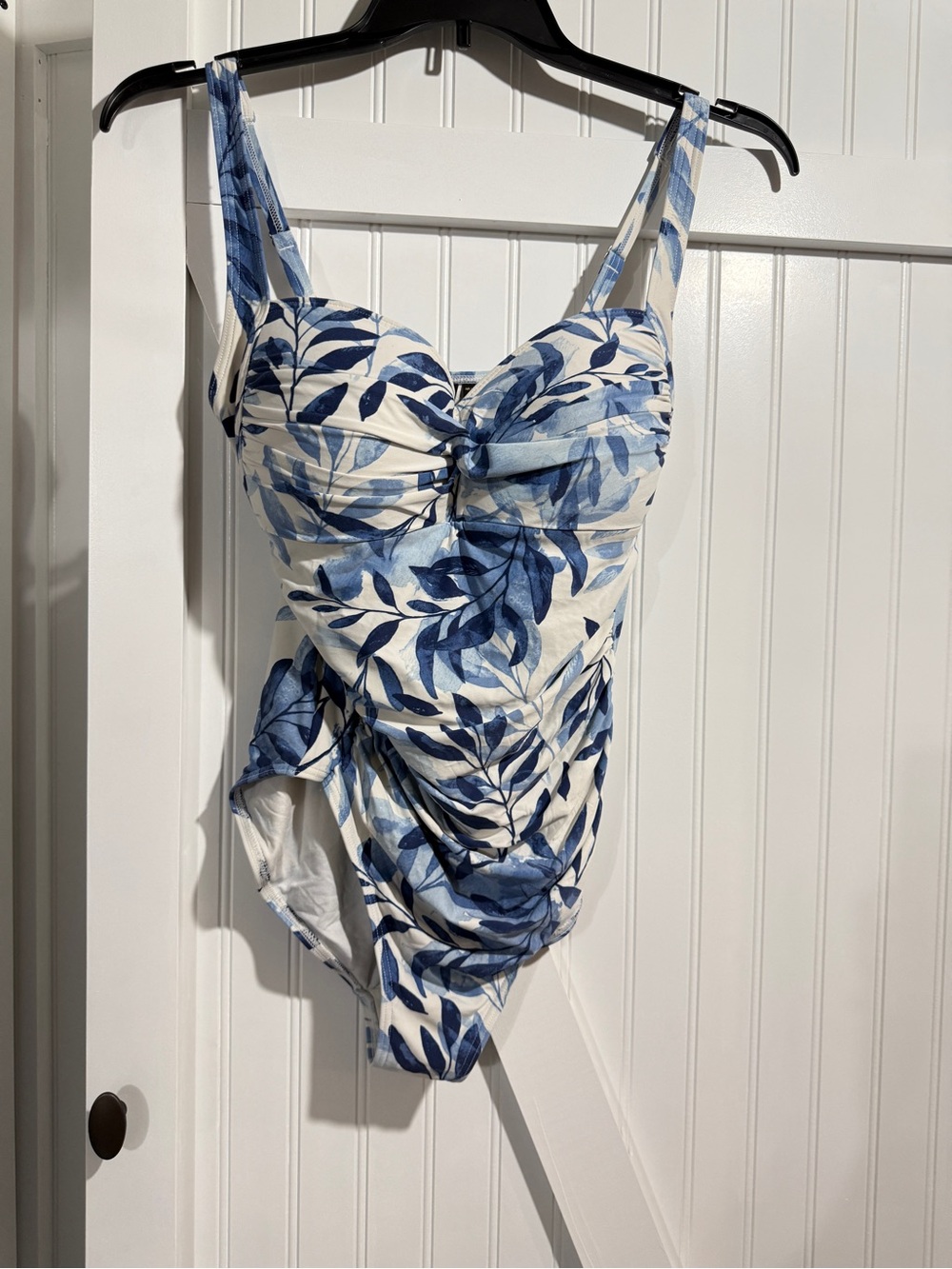Blue Leaf Print One-Piece Swimsuit with Ruched Front